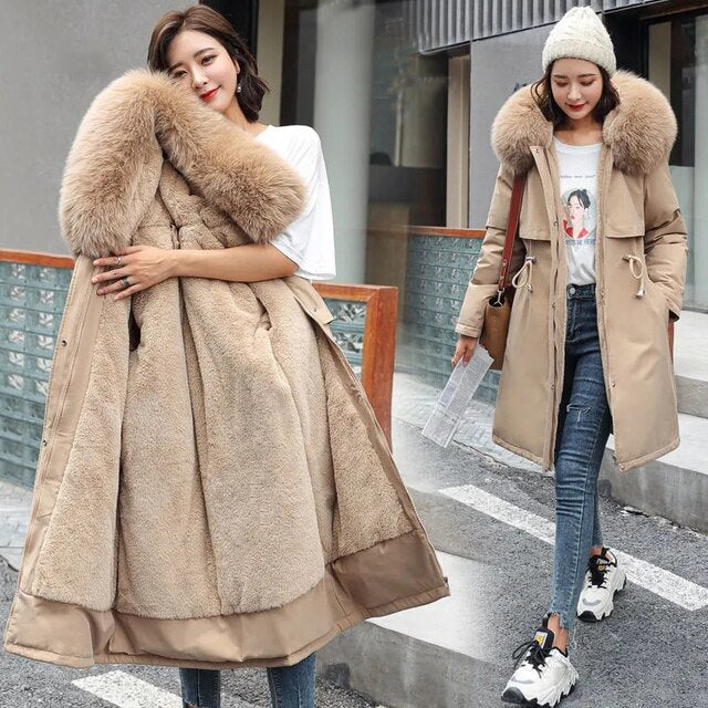 Long Wool Coat Straight Shape Full Length with Detachable Hood and Fur Collar