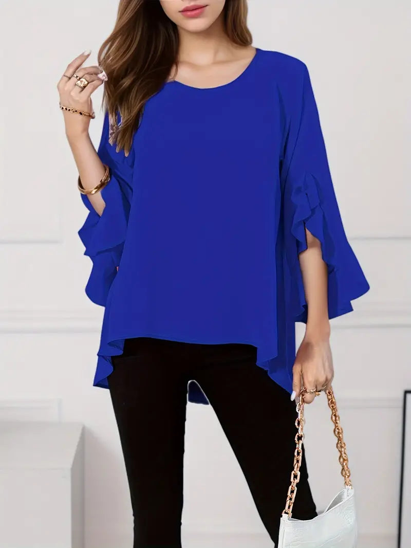 Loose Tunic with Flounce Sleeves Asymmetrical Hem
