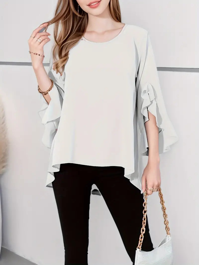 Loose Tunic with Flounce Sleeves Asymmetrical Hem