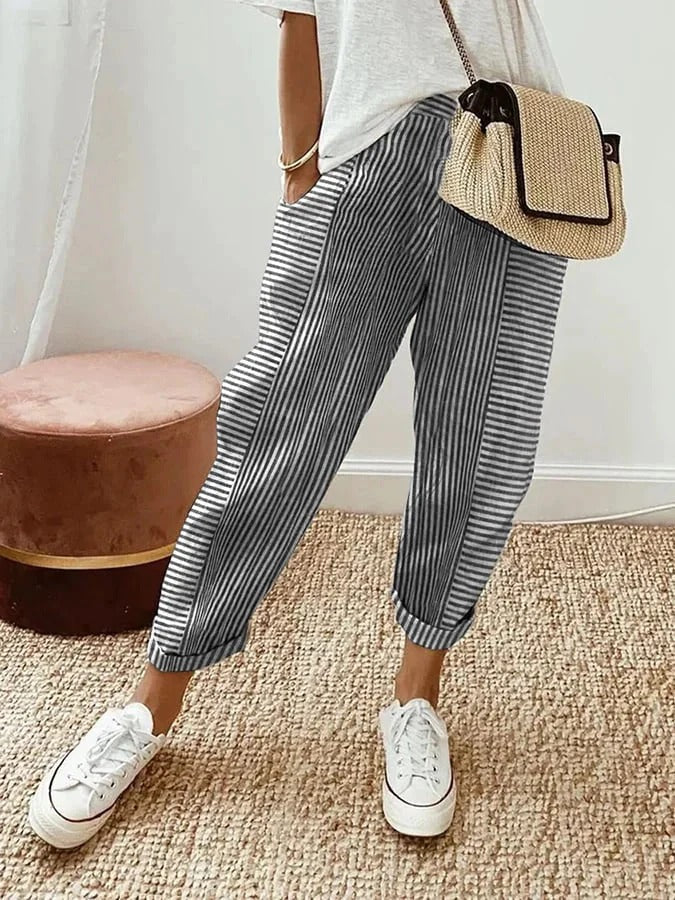 High Waist Trousers Loose Fit Striped