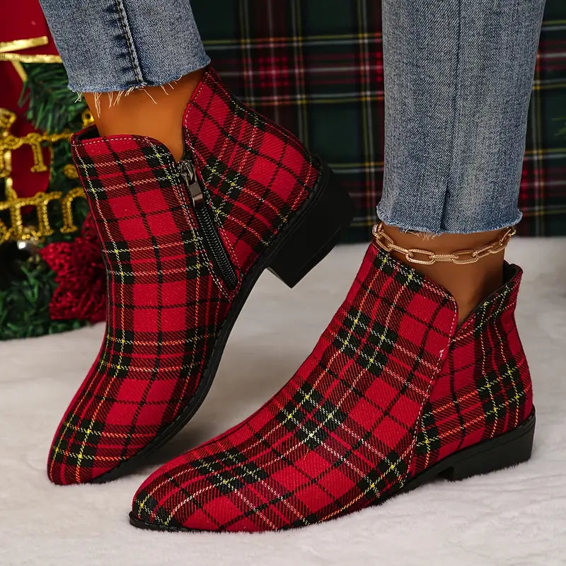 Ankle Boots Checked Pattern Side Zipper