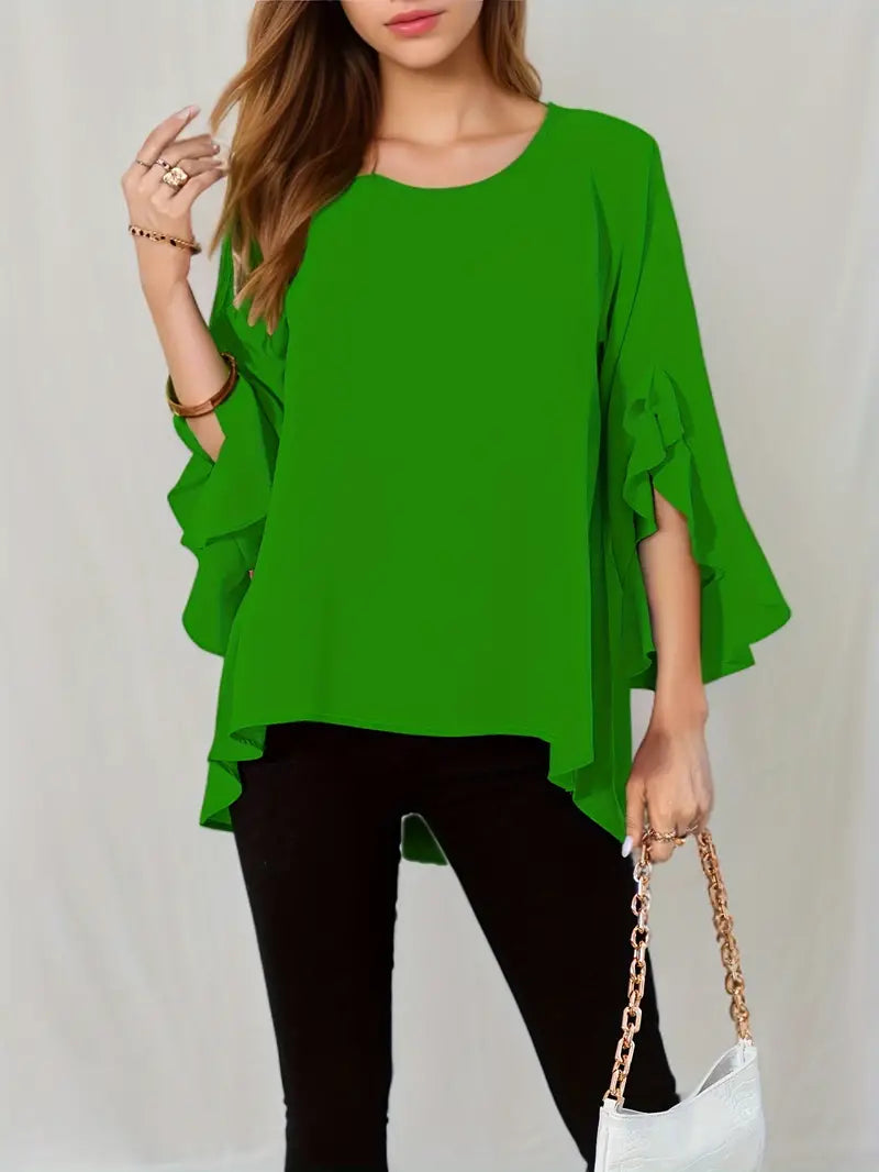 Loose Tunic with Flounce Sleeves Asymmetrical Hem