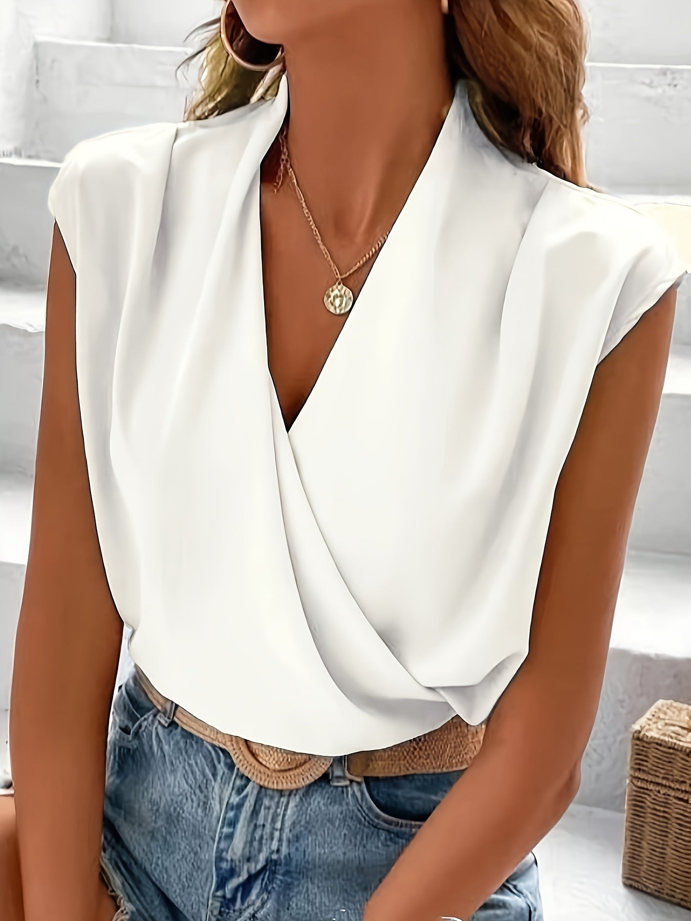 Sleeveless Wrap Blouse with V-Neck