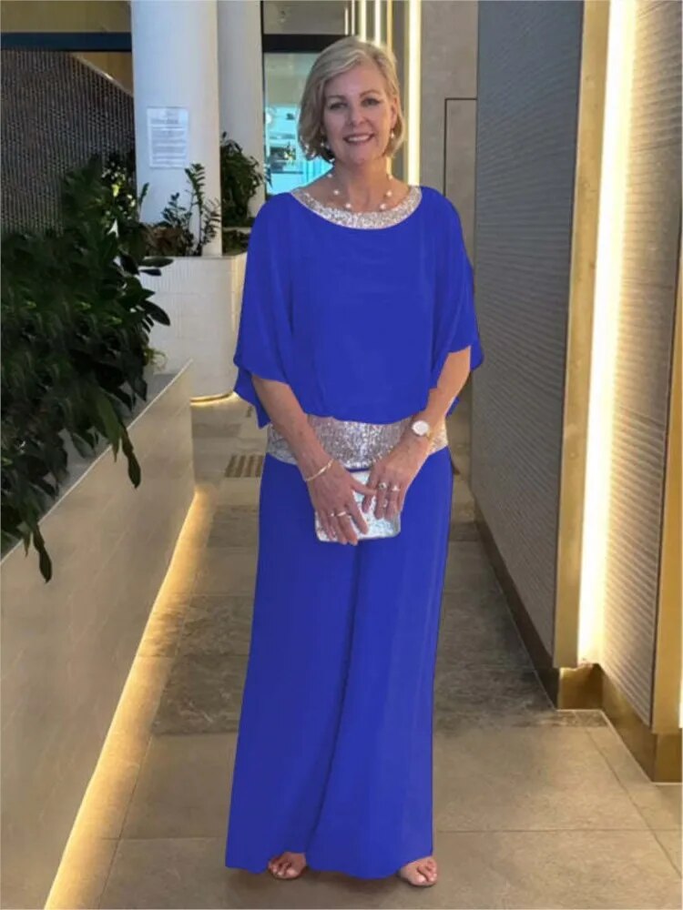 Women’s Two-Piece Set Relaxed Fit Sequin Blouse and Wide-Leg Trousers