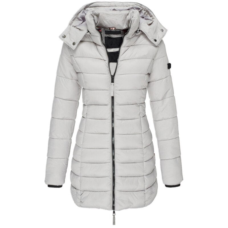 Hip-Length Down Jacket with Hood and Front Zip Closure