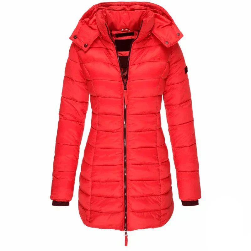 Hip-Length Jacket Straight Shape Attached Hood Zipper Closure