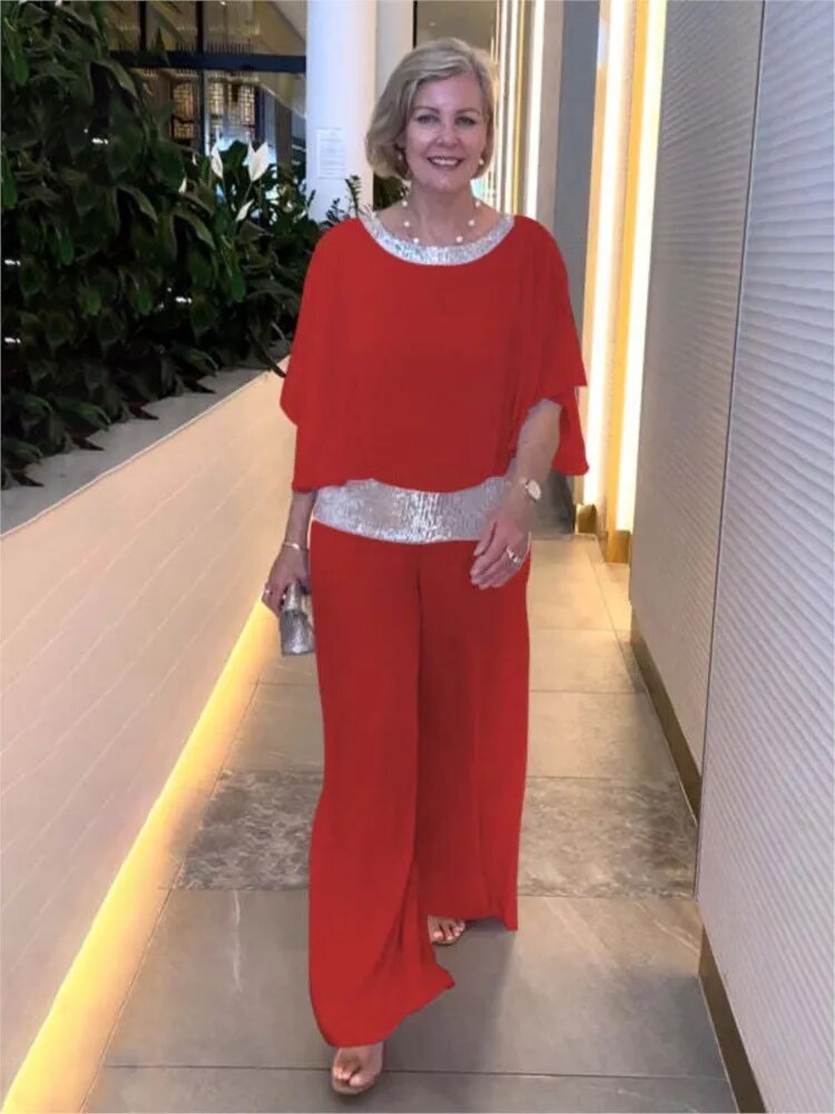 Women’s Two-Piece Set Relaxed Fit Sequin Blouse and Wide-Leg Trousers