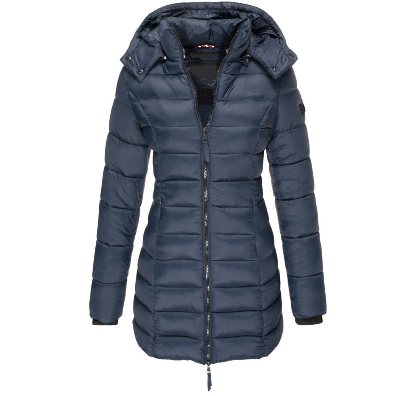 Hip-Length Down Jacket with Hood and Front Zip Closure