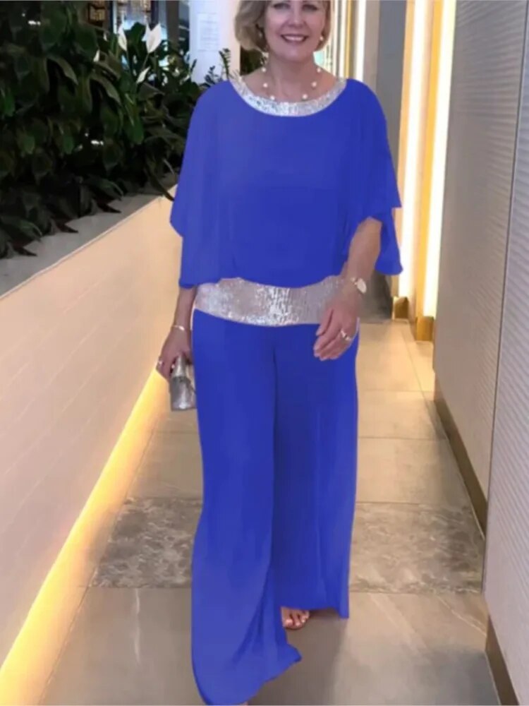 Women’s Two-Piece Set Relaxed Fit Sequin Blouse and Wide-Leg Trousers