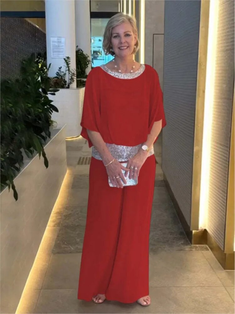 Women’s Two-Piece Set Relaxed Fit Sequin Blouse and Wide-Leg Trousers