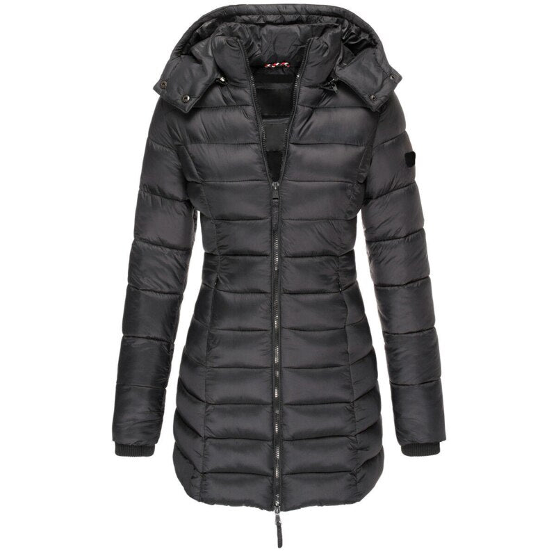 Hip-Length Down Jacket with Hood and Front Zip Closure