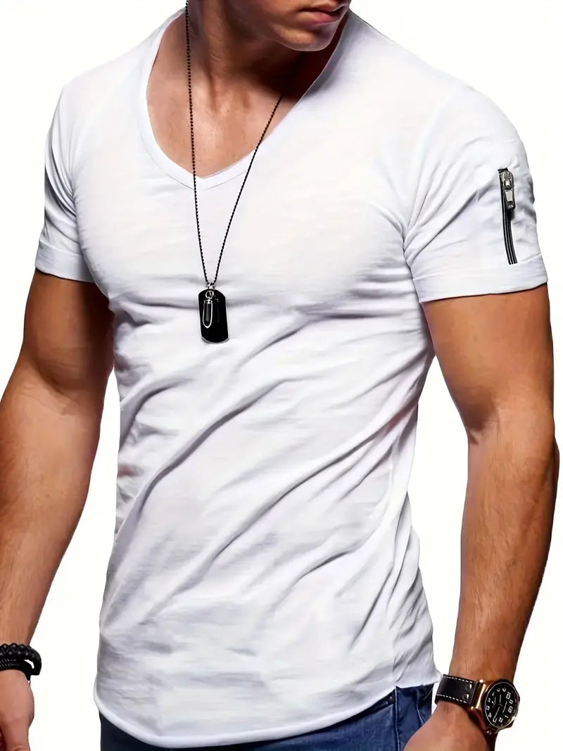 Slim Fit T-Shirt with V-Neck and Zip Detail