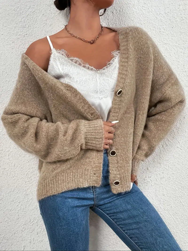 Women’s Oversized Cardigan Long Sleeve V-Neck Button Placket