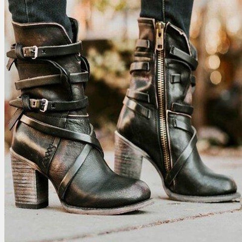 Ankle Boots V-Shaped Opening Side Buckles