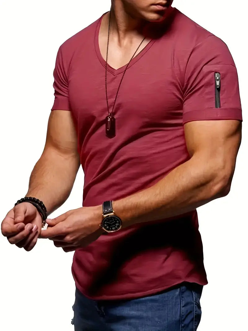 Slim Fit T-Shirt with V-Neck and Zip Detail