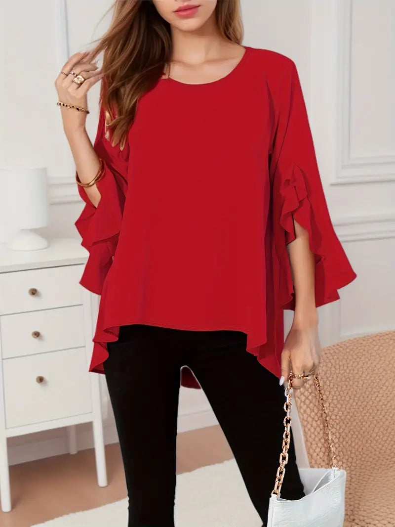 Loose Tunic with Flounce Sleeves Asymmetrical Hem