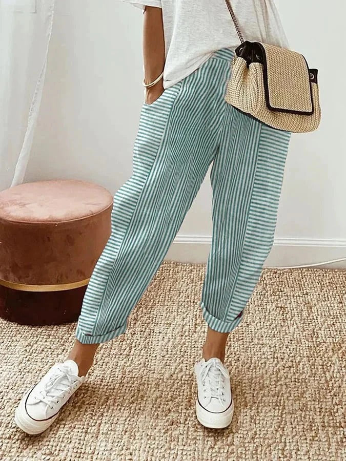 High Waist Trousers Loose Fit Striped