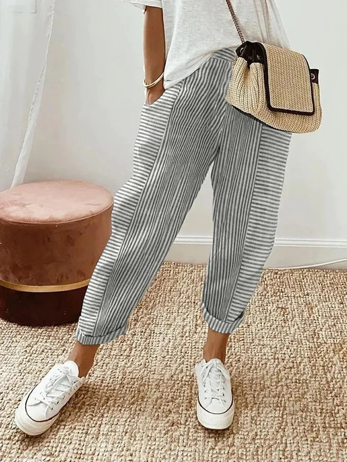 High Waist Trousers Loose Fit Striped