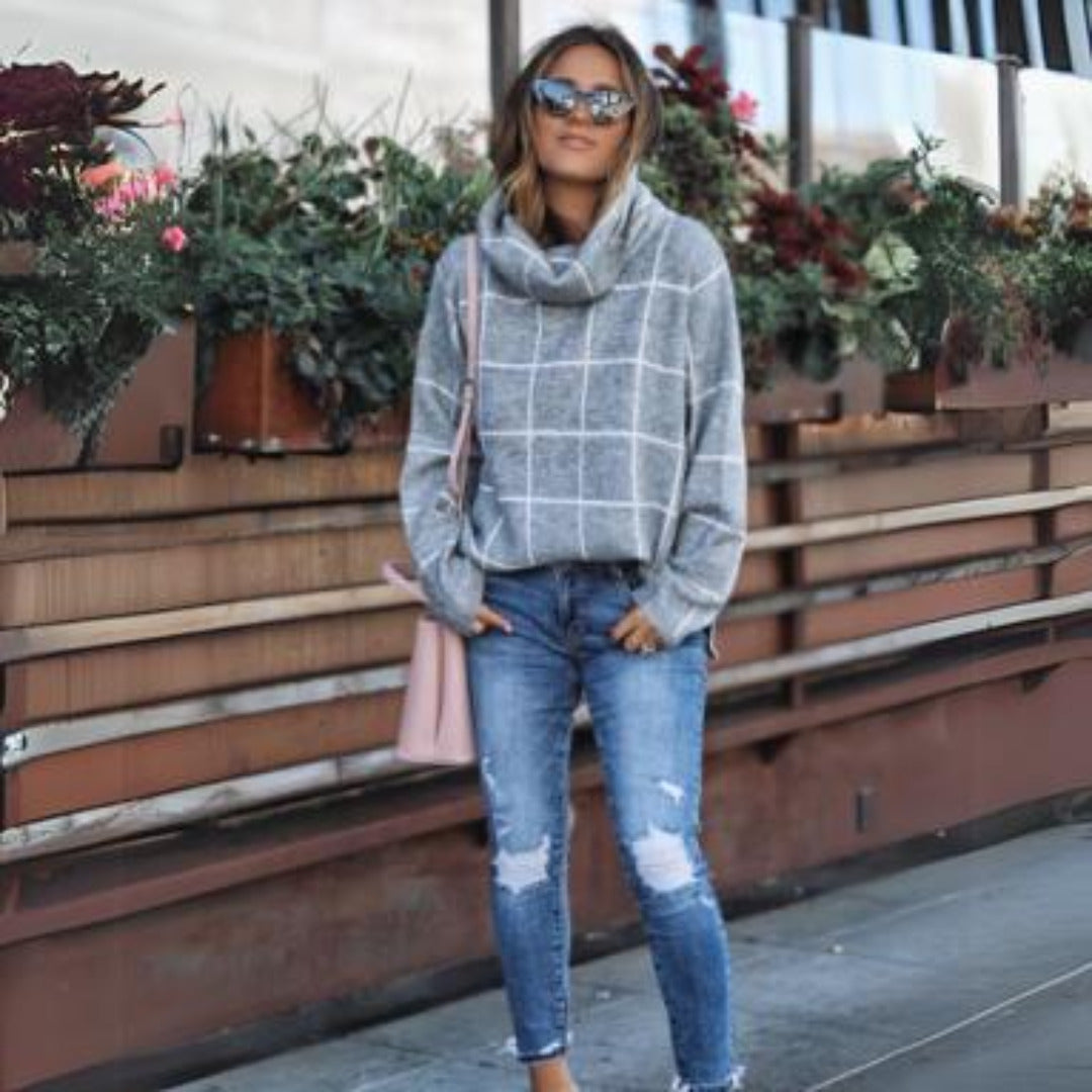 Women’s Roll Neck Jumper Straight Fit Regular Length Checked Pattern