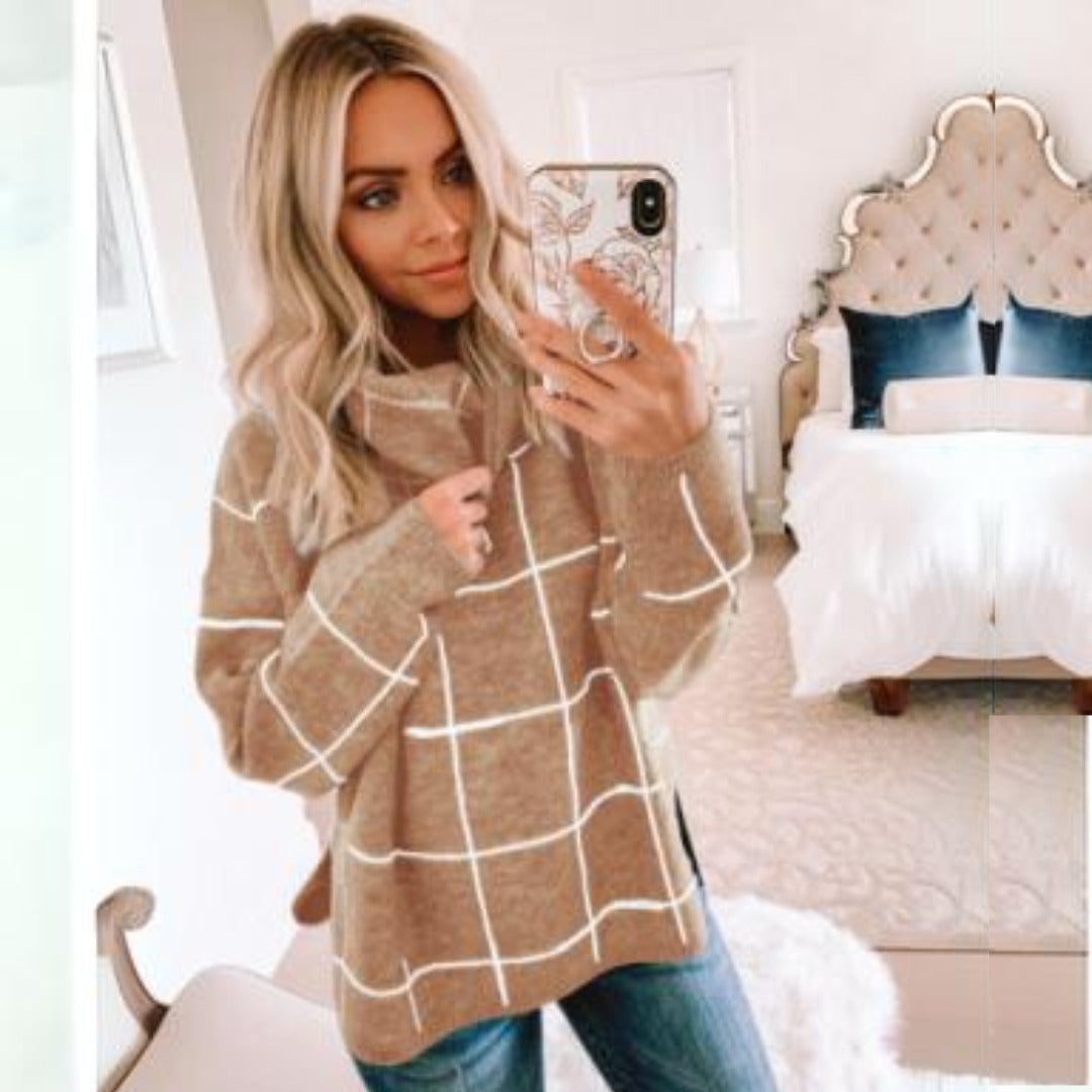 Women’s Roll Neck Jumper Straight Fit Regular Length Checked Pattern