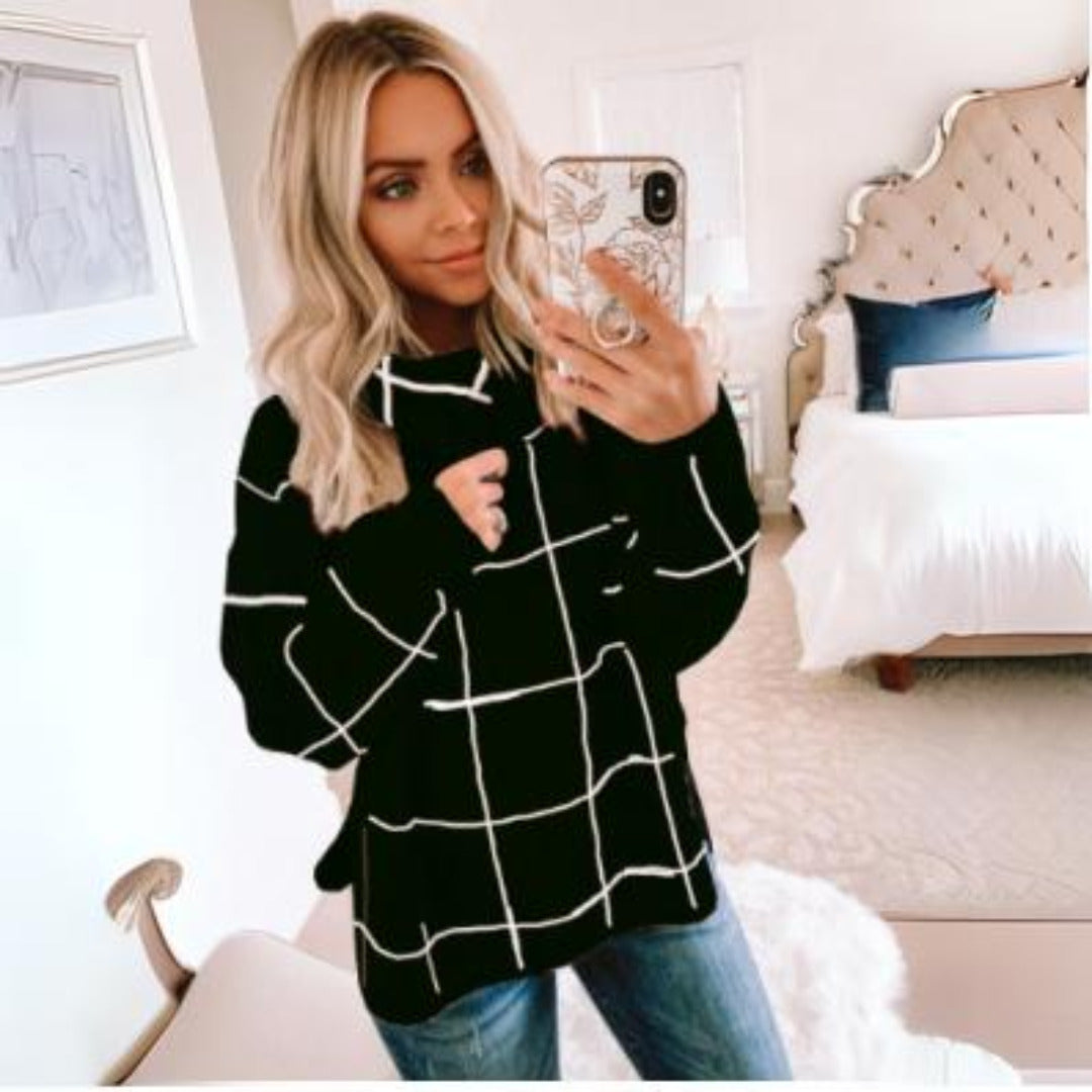 Women’s Roll Neck Jumper Straight Fit Regular Length Checked Pattern