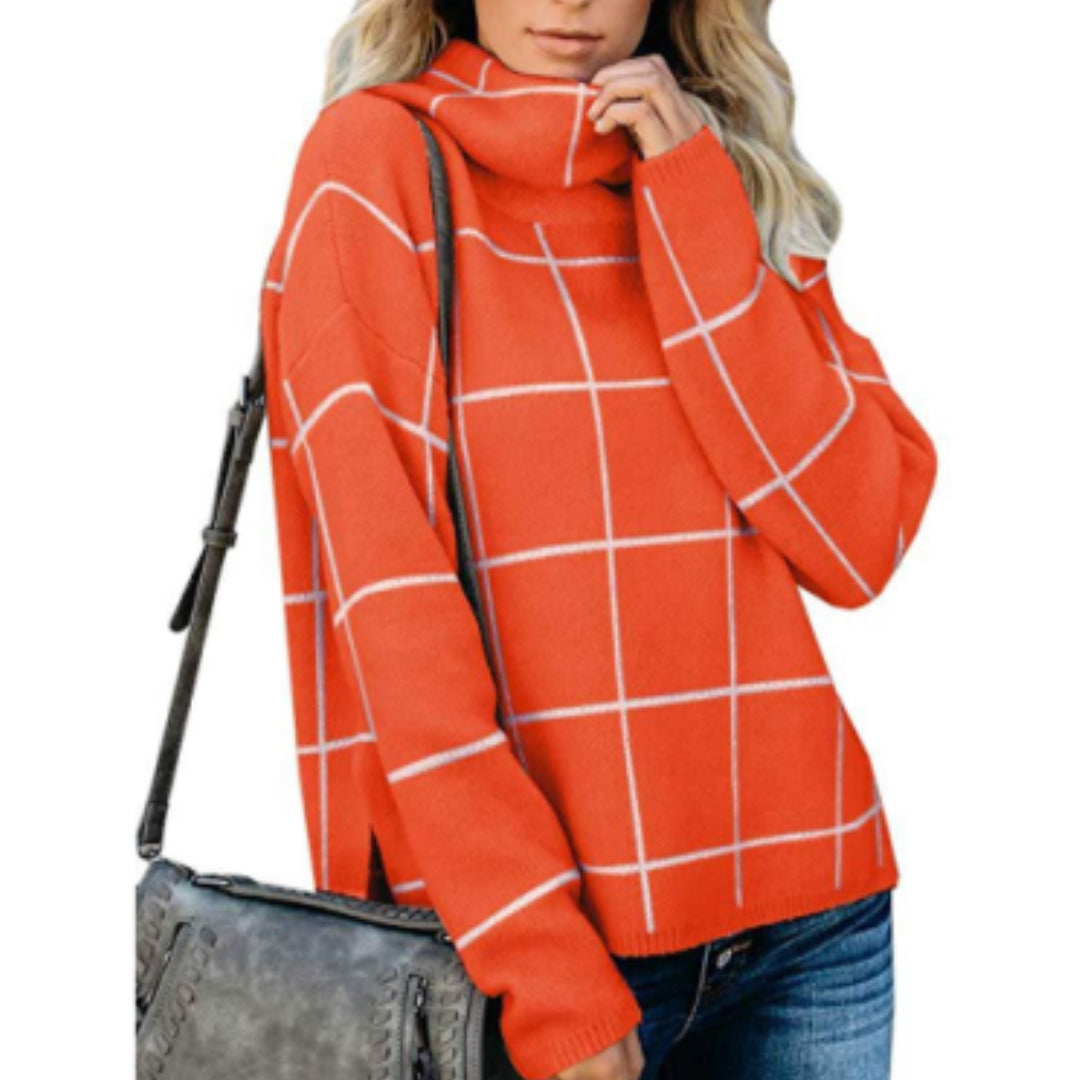 Women’s Roll Neck Jumper Straight Fit Regular Length Checked Pattern
