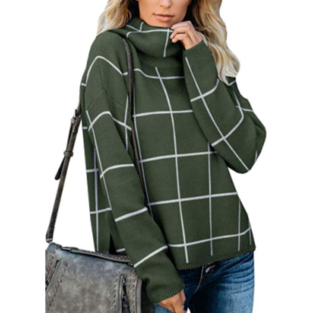 Women’s Roll Neck Jumper Straight Fit Regular Length Checked Pattern