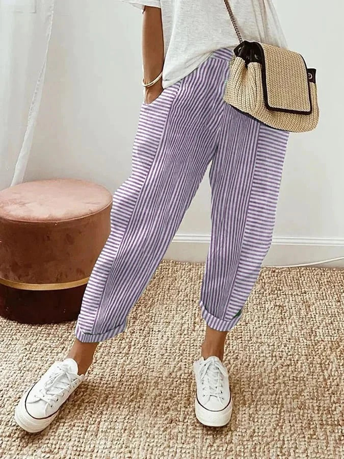 High Waist Trousers Loose Fit Striped