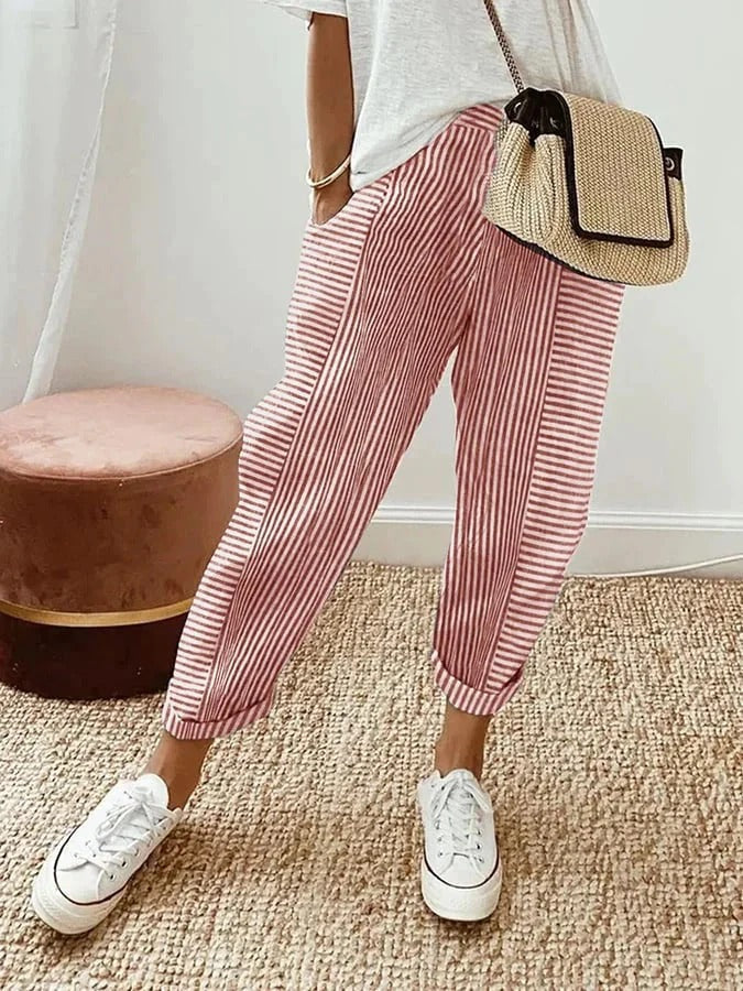 High Waist Trousers Loose Fit Striped