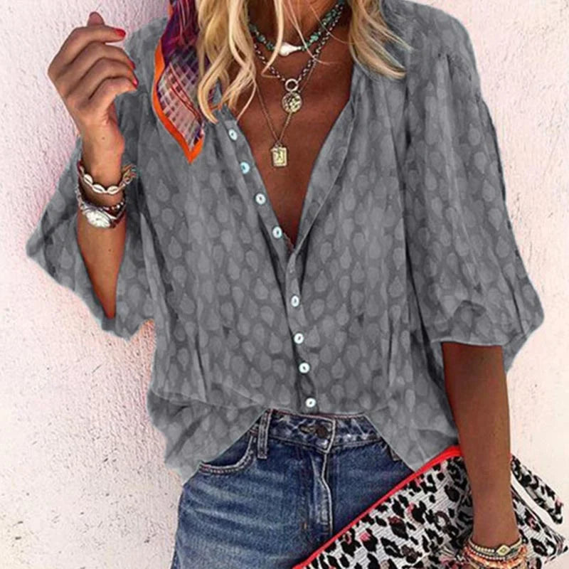 Oversized Blouse with V-Neck and 3/4 Sleeves