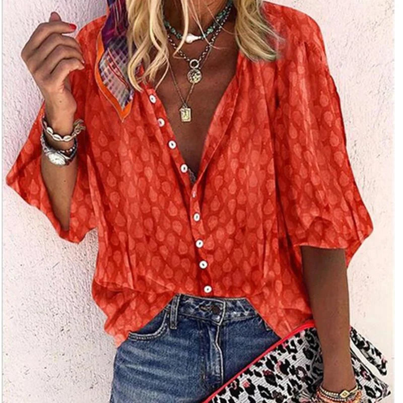 Oversized Blouse with V-Neck and 3/4 Sleeves