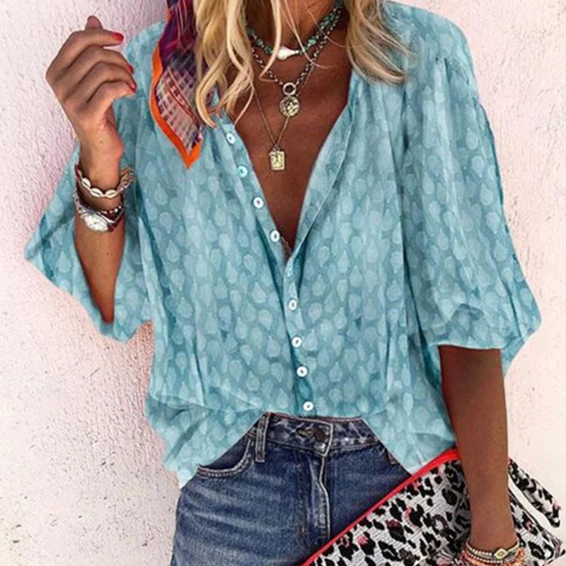 Oversized Blouse with V-Neck and 3/4 Sleeves
