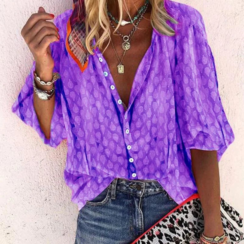 Oversized Blouse with V-Neck and 3/4 Sleeves