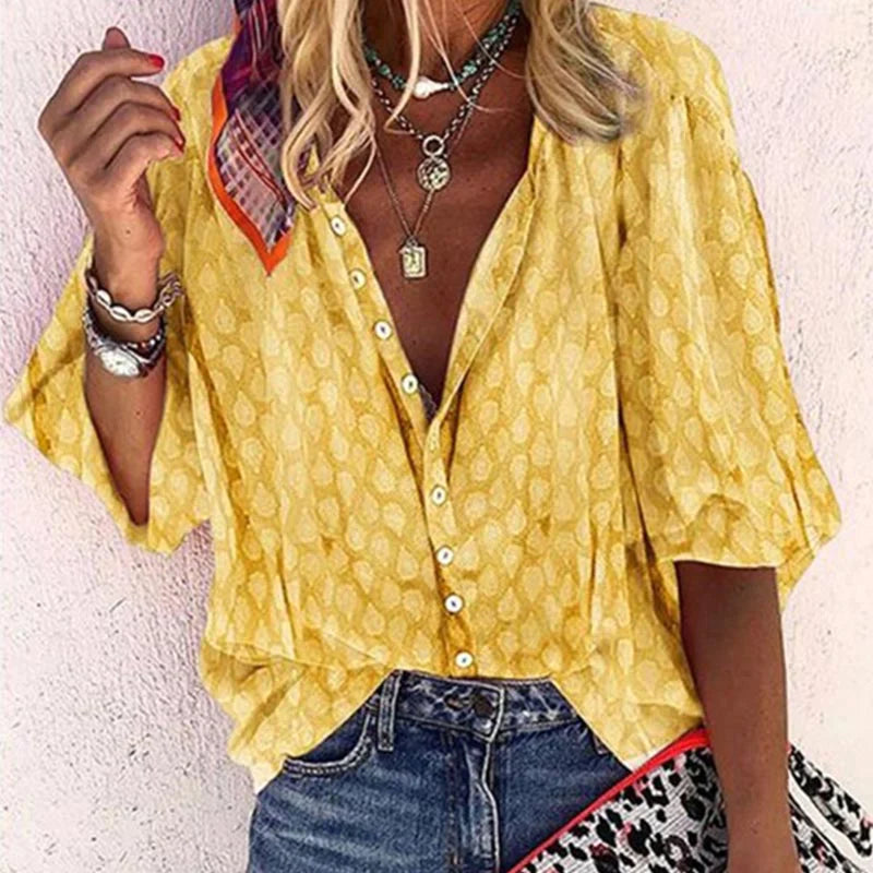 Oversized Blouse with V-Neck and 3/4 Sleeves