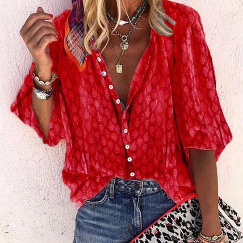 Oversized Blouse with V-Neck and 3/4 Sleeves