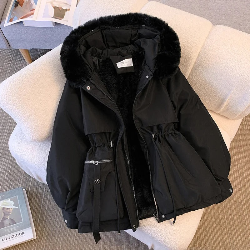 Women’s Long Jacket Straight Cut with Zip Fastening and Faux Fur Collar
