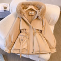 Women’s Long Jacket Straight Cut with Zip Fastening and Faux Fur Collar