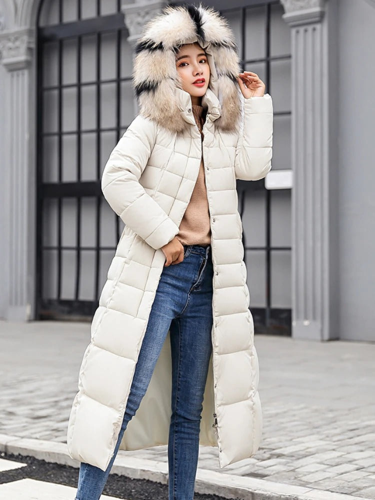 Women’s Long Sleeve Parka Straight Shape with Fur-Trimmed Hood