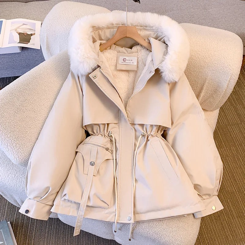 Women’s Long Jacket Straight Cut with Zip Fastening and Faux Fur Collar